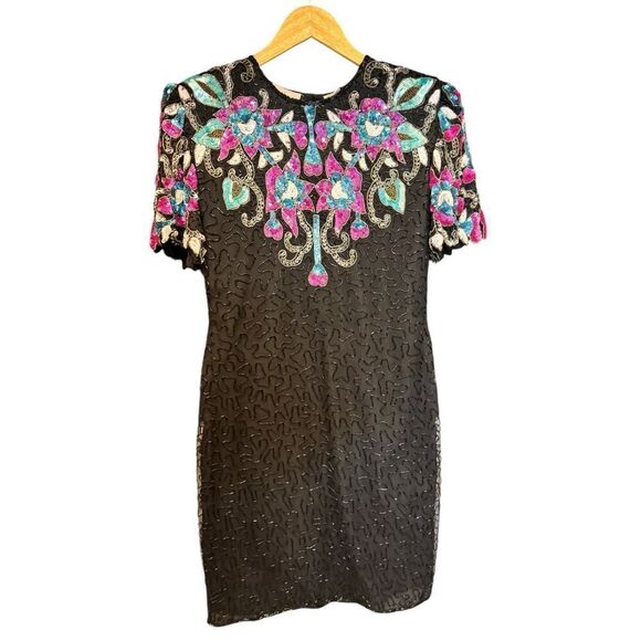 Vintage LAURENCE KAZAR New York 80s Beaded Silk Formal Sheath Dress—SZ. M - Picture 1 of 6